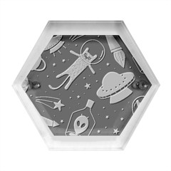 Seamless Pattern With Funny Alien Cat Galaxy Hexagon Wood Jewelry Box by Ndabl3x