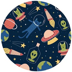 Seamless Pattern With Funny Alien Cat Galaxy Wooden Puzzle Round by Ndabl3x