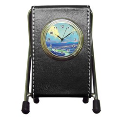 Mountains And Trees Illustration Painting Clouds Sky Landscape Pen Holder Desk Clock by Cendanart