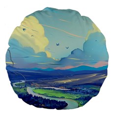 Mountains And Trees Illustration Painting Clouds Sky Landscape Large 18  Premium Flano Round Cushions by Cendanart