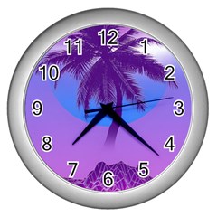 Palm Tree Vaporwave Synthwave Retro Style Wall Clock (silver) by Cendanart