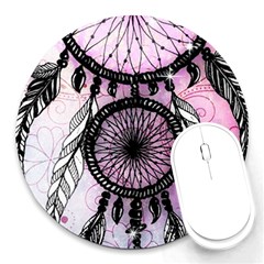 Dream Catcher Art Feathers Pink Round Mousepad by Bedest