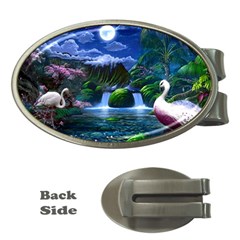 Flamingo Paradise Scenic Bird Fantasy Moon Paradise Waterfall Magical Nature Money Clips (oval)  by Ndabl3x