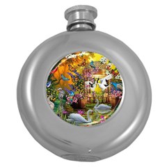 Garden Of Paradise Butterfly Swan Bird Painting Gazebo, Peacock Flower Round Hip Flask (5 Oz) by Ndabl3x