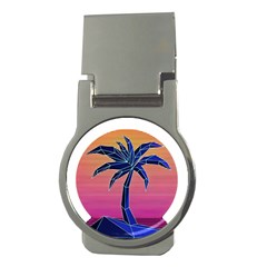 Abstract 3d Art Holiday Island Palm Tree Pink Purple Summer Sunset Water Money Clips (round)  by Cemarart