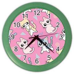 Cute Animal Little Cat Seamless Pattern Color Wall Clock by Grandong