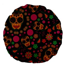 Skull Colorful Floral Flower Head Large 18  Premium Flano Round Cushions by Cemarart