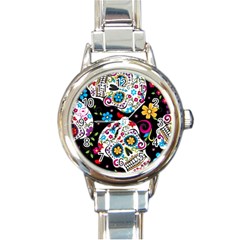 Sugar Skull Black Olorful Flower Round Italian Charm Watch by Cemarart