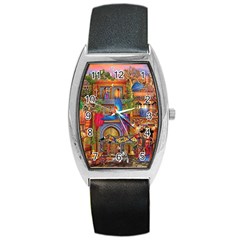 Arabian Street Art Colorful Peacock Tiger Man Parrot Horse Dancer Fantasy Barrel Style Metal Watch by Cemarart