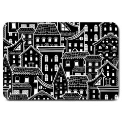 Dark Seamless Pattern With Houses Doodle House Monochrome Large Doormat by Cemarart