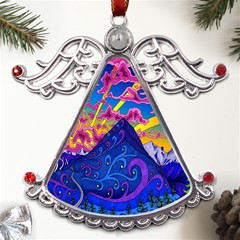 Blue And Purple Mountain Painting Psychedelic Colorful Lines Metal Angel With Crystal Ornament by Bedest