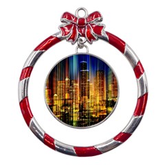 Skyline Light Rays Gloss Upgrade Metal Red Ribbon Round Ornament by Cemarart