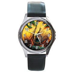 City Lights Sky Landmark Painting Round Metal Watch by Cemarart