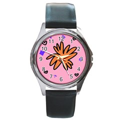 Doodle Flower Sparkles Orange Pink Round Metal Watch by Cemarart