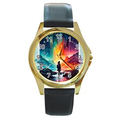 Starry Night Wanderlust: A Whimsical Adventure Round Gold Metal Watch by stine1