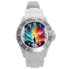 Starry Night Wanderlust: A Whimsical Adventure Round Plastic Sport Watch (l) by stine1