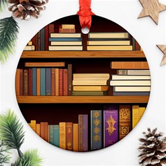 Book Nook Books Bookshelves Comfortable Cozy Literature Library Study Reading Room Fiction Entertain Round Ornament (two Sides) by Maspions