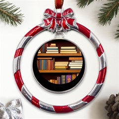 Book Nook Books Bookshelves Comfortable Cozy Literature Library Study Reading Room Fiction Entertain Metal Red Ribbon Round Ornament by Maspions