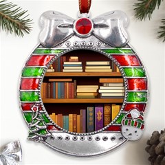 Book Nook Books Bookshelves Comfortable Cozy Literature Library Study Reading Room Fiction Entertain Metal X mas Ribbon With Red Crystal Round Ornament by Maspions