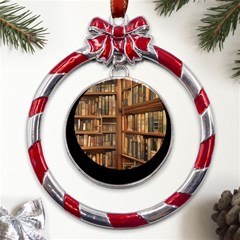 Room Interior Library Books Bookshelves Reading Literature Study Fiction Old Manor Book Nook Reading Metal Red Ribbon Round Ornament by Grandong