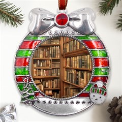 Room Interior Library Books Bookshelves Reading Literature Study Fiction Old Manor Book Nook Reading Metal X mas Ribbon With Red Crystal Round Ornament by Grandong