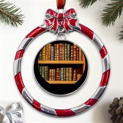 Room Interior Library Books Bookshelves Reading Literature Study Fiction Old Manor Book Nook Reading Metal Red Ribbon Round Ornament by Grandong