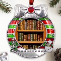 Room Interior Library Books Bookshelves Reading Literature Study Fiction Old Manor Book Nook Reading Metal X mas Ribbon With Red Crystal Round Ornament by Grandong