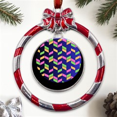 Background Pattern Geometric Pink Yellow Green Metal Red Ribbon Round Ornament by Maspions