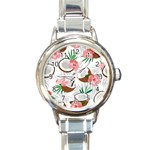 Seamless Pattern Coconut Piece Palm Leaves With Pink Hibiscus Round Italian Charm Watch Front