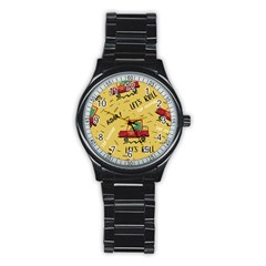 Childish Seamless Pattern With Dino Driver Stainless Steel Round Watch by Apen