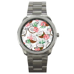 Seamless Pattern Coconut Piece Palm Leaves With Pink Hibiscus Sport Metal Watch by Apen