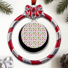 Pattern Flowers Leaves Green Purple Pink Metal Red Ribbon Round Ornament by Maspions