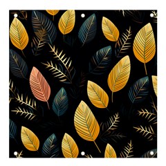 Gold Yellow Leaves Fauna Dark Background Dark Black Background Black Nature Forest Texture Wall Wall Banner And Sign 4  X 4  by Bedest