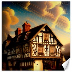 Village House Cottage Medieval Timber Tudor Split-timber Frame Architecture Town Twilight Chimney Canvas 16  X 16  by Posterlux