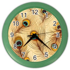 Vintage Peacock Feather Peacock Feather Pattern Background Nature Bird Nature Color Wall Clock by Maspions