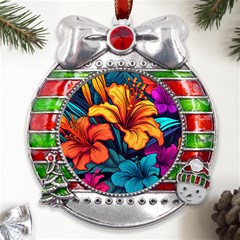 Hibiscus Flowers Colorful Vibrant Tropical Garden Bright Saturated Nature Metal X mas Ribbon With Red Crystal Round Ornament by Maspions