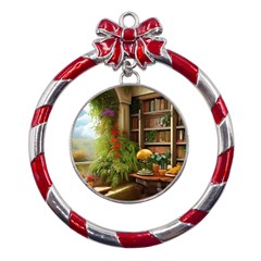 Room Interior Library Books Bookshelves Reading Literature Study Fiction Old Manor Book Nook Reading Metal Red Ribbon Round Ornament by Posterlux