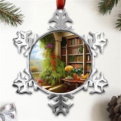 Room Interior Library Books Bookshelves Reading Literature Study Fiction Old Manor Book Nook Reading Metal Small Snowflake Ornament by Posterlux