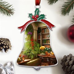 Room Interior Library Books Bookshelves Reading Literature Study Fiction Old Manor Book Nook Reading Metal Holly Leaf Bell Ornament by Posterlux