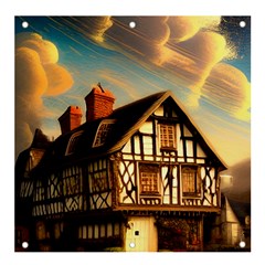 Village House Cottage Medieval Timber Tudor Split Timber Frame Architecture Town Twilight Chimney Banner And Sign 4  X 4  by Posterlux