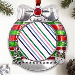 Retro Vintage Stripe Pattern Abstract Metal X Mas Ribbon With Red Crystal Round Ornament Front