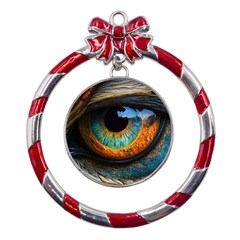 Eye Bird Feathers Vibrant Metal Red Ribbon Round Ornament by Hannah976