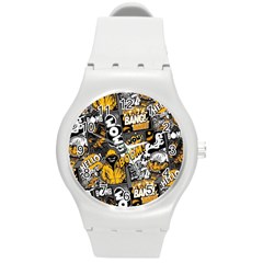 Boom Bang Art Crazy Drawing Graffiti Hello Retro Sayings Yellow Round Plastic Sport Watch (m) by Bedest