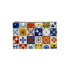 Mexican Talavera Pattern Ceramic Tiles With Flower Leaves Bird Ornaments Traditional Majolica Style Cosmetic Bag (small) by Ket1n9