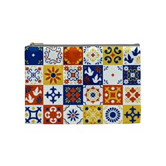 Mexican Talavera Pattern Ceramic Tiles With Flower Leaves Bird Ornaments Traditional Majolica Style Cosmetic Bag (medium) by Ket1n9