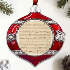 Vintage Beige Music Notes Metal Snowflake And Bell Red Ornament by Loisa77