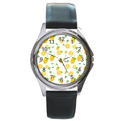 Illustrations Lemon Citrus Fruit Yellow Round Metal Watch by anzea