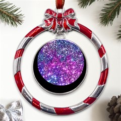 Purple Violet Glitter Galaxy Nebula Space Pattern Metal Red Ribbon Round Ornament by Perong