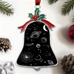 Black Space Drawing Art Planet Drawing Stars Black Space Galaxy Outer Space Metal Holly Leaf Bell Ornament Front