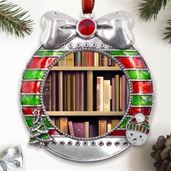 Books Bookshelves Office Fantasy Background Artwork Book Cover Apothecary Book Nook Literature Libra Metal X mas Ribbon With Red Crystal Round Ornament by Posterlux